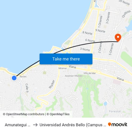 Amunategui / Norte to Universidad Andrés Bello (Campus Los Castaños) map