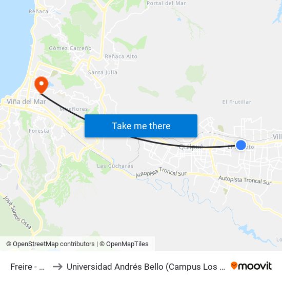 Freire - Peru to Universidad Andrés Bello (Campus Los Castaños) map