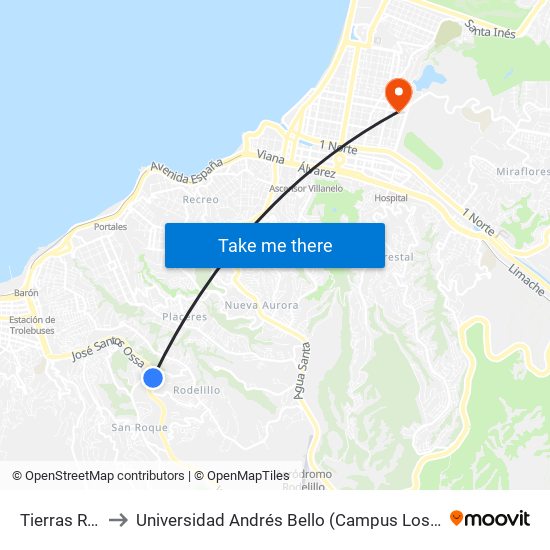 Tierras Rojas to Universidad Andrés Bello (Campus Los Castaños) map