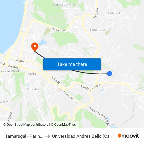 Tamarugal - Parinacota / Este to Universidad Andrés Bello (Campus Los Castaños) map