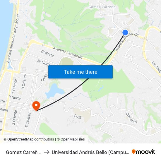 Gomez Carreño / Esval to Universidad Andrés Bello (Campus Los Castaños) map