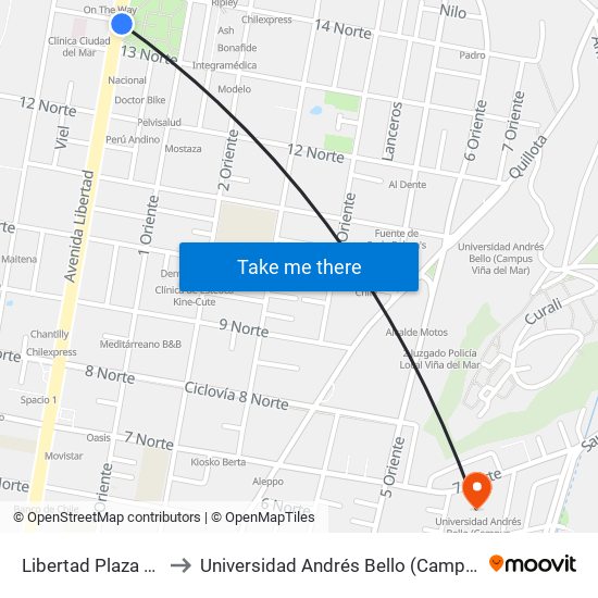 Libertad Plaza O´Higgins to Universidad Andrés Bello (Campus Los Castaños) map