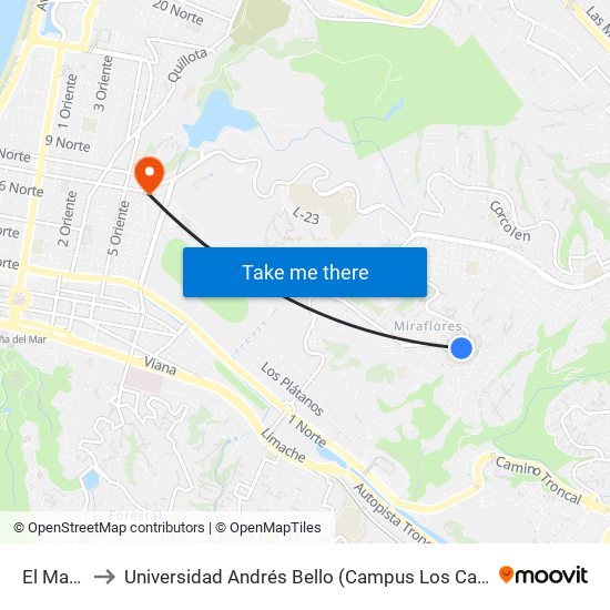 El Manio to Universidad Andrés Bello (Campus Los Castaños) map