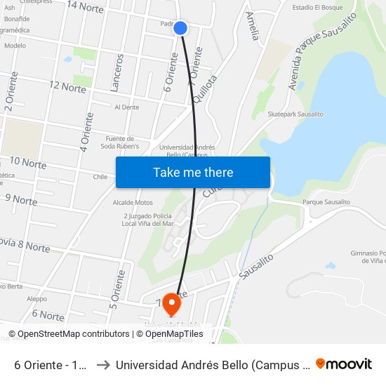 6 Oriente - 14 Norte to Universidad Andrés Bello (Campus Los Castaños) map