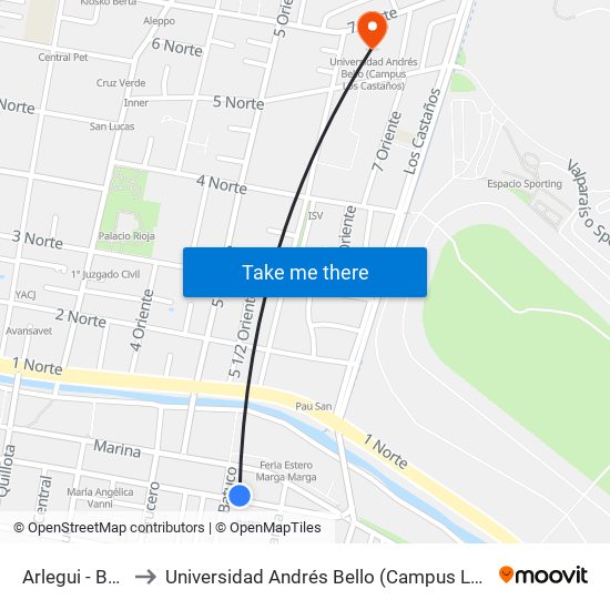 Arlegui - Batuco to Universidad Andrés Bello (Campus Los Castaños) map