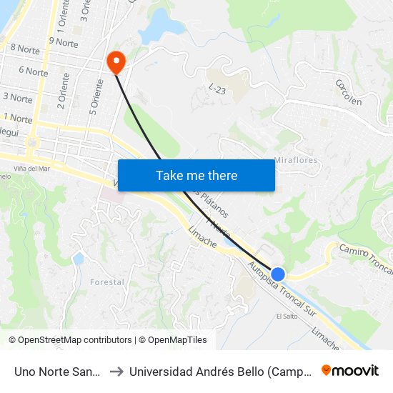 Uno Norte Santo Tomas to Universidad Andrés Bello (Campus Los Castaños) map