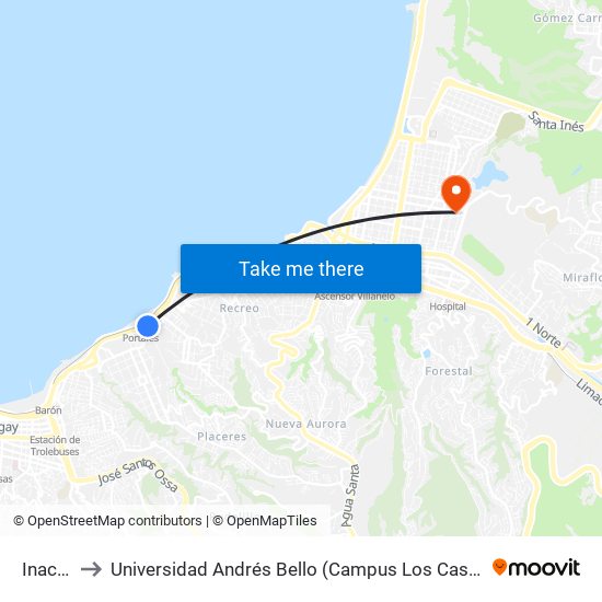 Inacap to Universidad Andrés Bello (Campus Los Castaños) map