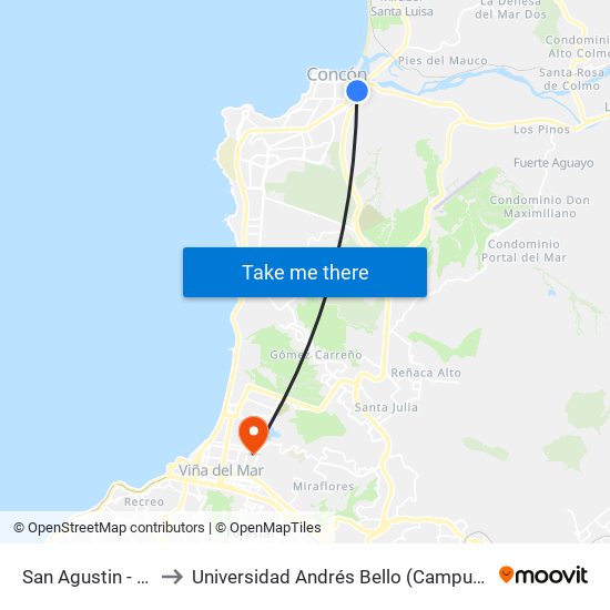 San Agustin - Calle 13 to Universidad Andrés Bello (Campus Los Castaños) map