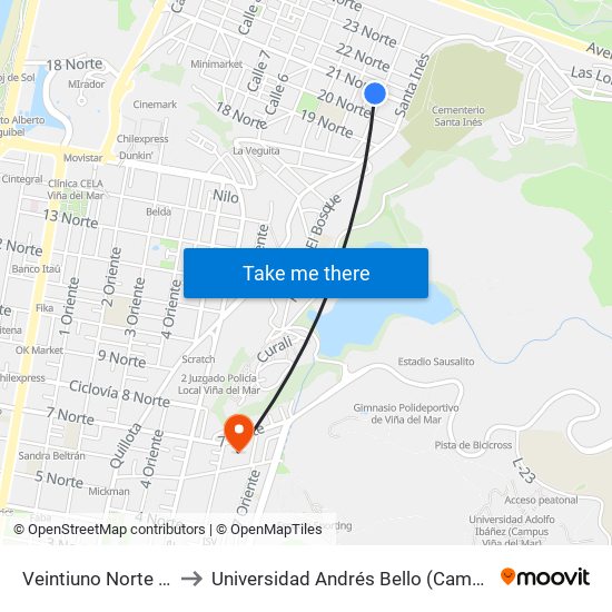 Veintiuno Norte - Calle Dos to Universidad Andrés Bello (Campus Los Castaños) map