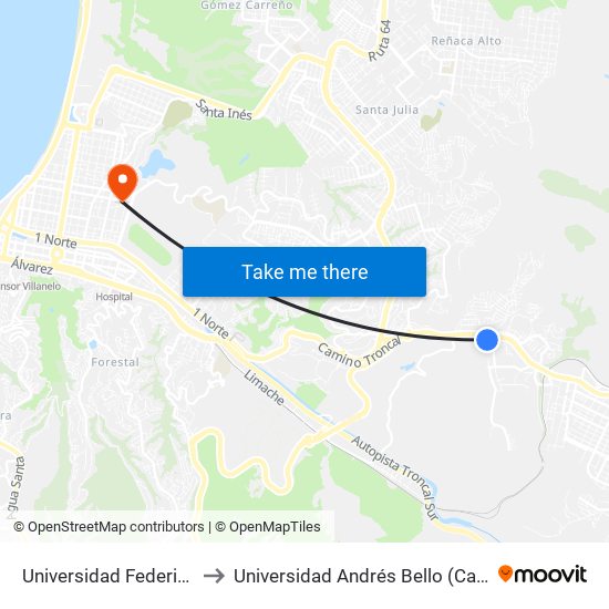 Universidad Federico Santa Maria to Universidad Andrés Bello (Campus Los Castaños) map