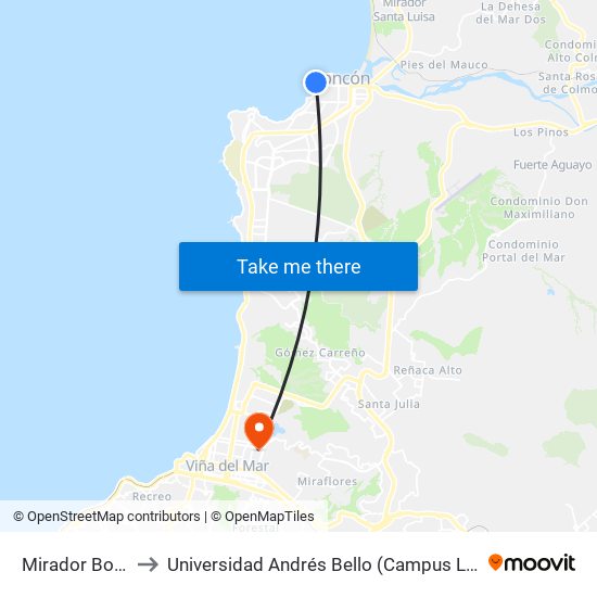 Mirador Borgoño to Universidad Andrés Bello (Campus Los Castaños) map