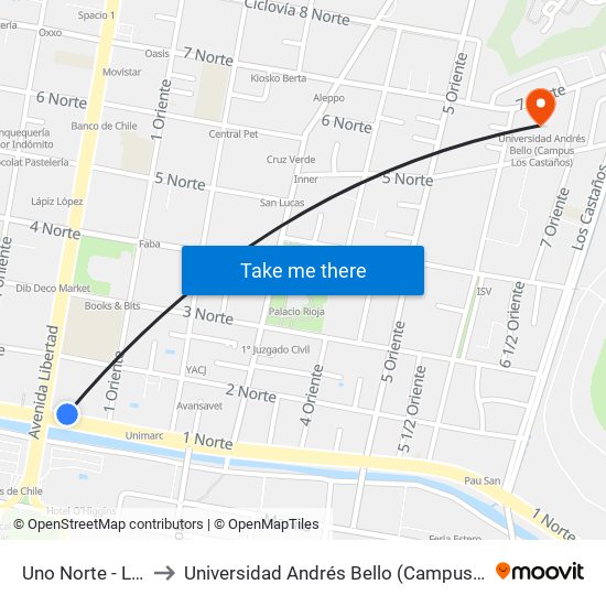 Uno Norte - Libertad to Universidad Andrés Bello (Campus Los Castaños) map