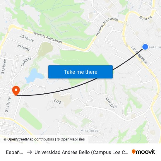 España, 1 to Universidad Andrés Bello (Campus Los Castaños) map