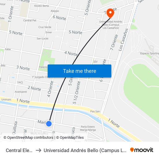 Central Electrica to Universidad Andrés Bello (Campus Los Castaños) map