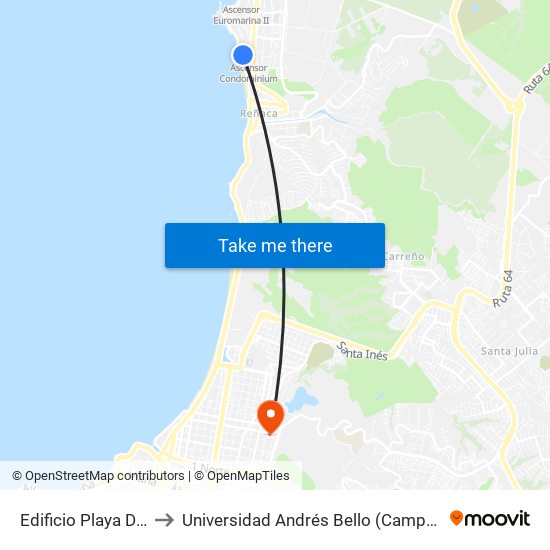 Edificio Playa De Reñaca to Universidad Andrés Bello (Campus Los Castaños) map