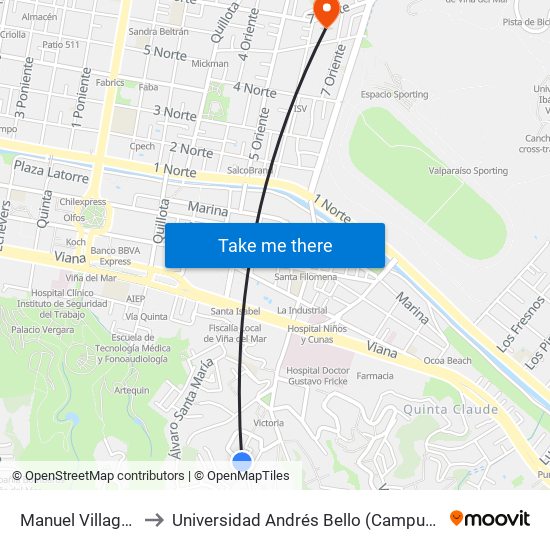 Manuel Villagra, 1001 to Universidad Andrés Bello (Campus Los Castaños) map