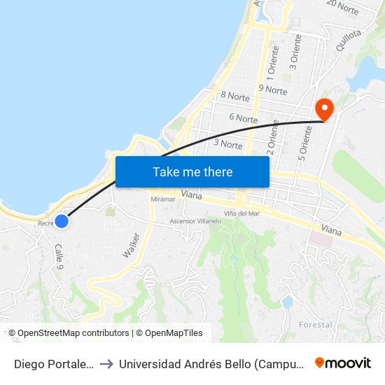 Diego Portales, 1105 to Universidad Andrés Bello (Campus Los Castaños) map