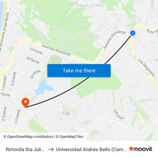 Rotonda Sta Julia / Poniente to Universidad Andrés Bello (Campus Los Castaños) map