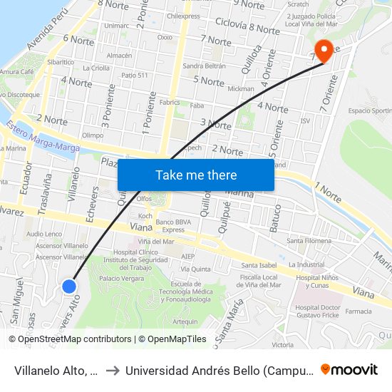 Villanelo Alto, 520-594 to Universidad Andrés Bello (Campus Los Castaños) map