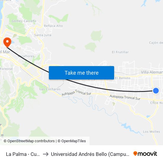 La Palma - Cuatro Sur to Universidad Andrés Bello (Campus Los Castaños) map