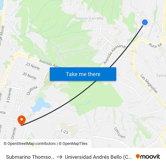 Submarino Thomson - Mar De Chile to Universidad Andrés Bello (Campus Los Castaños) map
