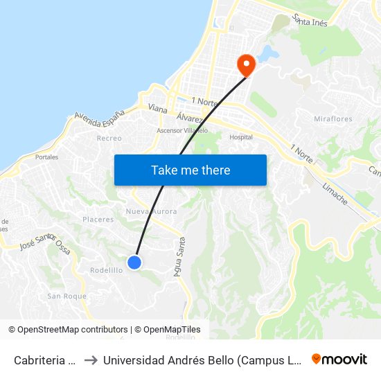 Cabriteria Norte to Universidad Andrés Bello (Campus Los Castaños) map