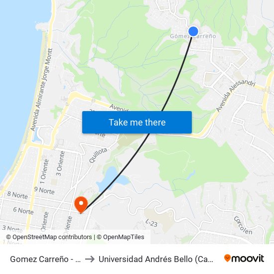 Gomez Carreño - Catorce Pte to Universidad Andrés Bello (Campus Los Castaños) map