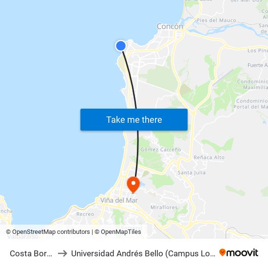 Costa Borgoño to Universidad Andrés Bello (Campus Los Castaños) map