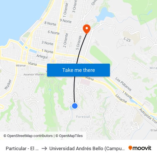Particular - El Tranque to Universidad Andrés Bello (Campus Los Castaños) map