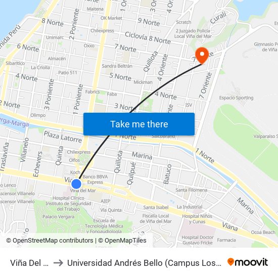 Viña Del Mar to Universidad Andrés Bello (Campus Los Castaños) map