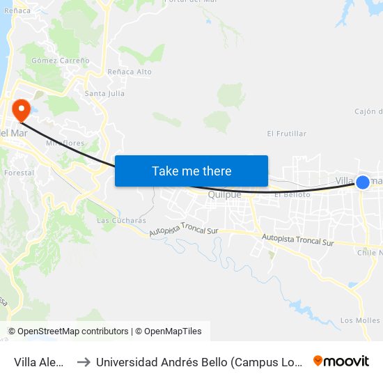 Villa Alemana to Universidad Andrés Bello (Campus Los Castaños) map