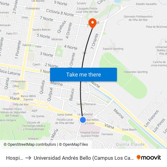 Hospital to Universidad Andrés Bello (Campus Los Castaños) map