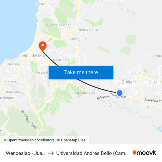 Wenceslao - Juan Alvarado to Universidad Andrés Bello (Campus Los Castaños) map