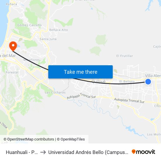 Huanhuali - Porvenir to Universidad Andrés Bello (Campus Los Castaños) map