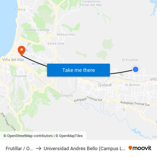 Frutillar / Oriente to Universidad Andrés Bello (Campus Los Castaños) map