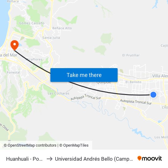 Huanhuali - Porvenir Sur to Universidad Andrés Bello (Campus Los Castaños) map
