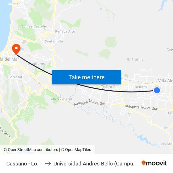 Cassano - Los Olivos to Universidad Andrés Bello (Campus Los Castaños) map