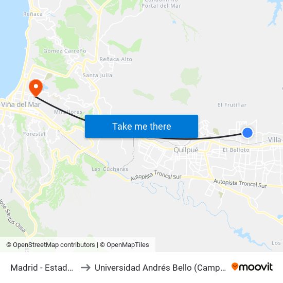 Madrid - Estados Unidos to Universidad Andrés Bello (Campus Los Castaños) map