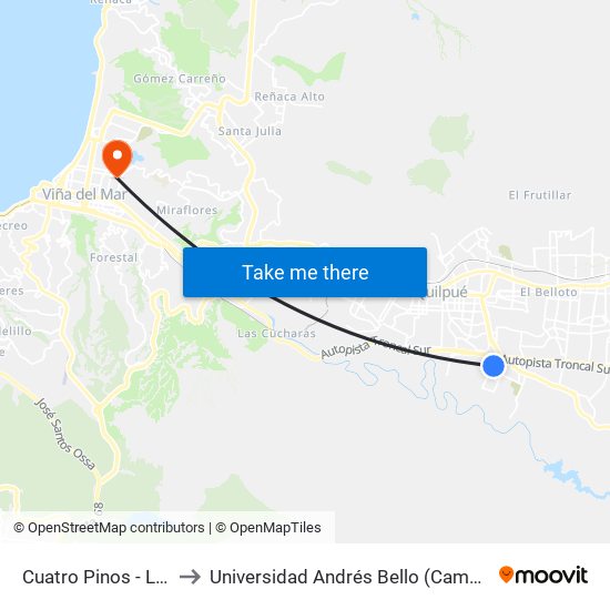 Cuatro Pinos - Las Palmas to Universidad Andrés Bello (Campus Los Castaños) map