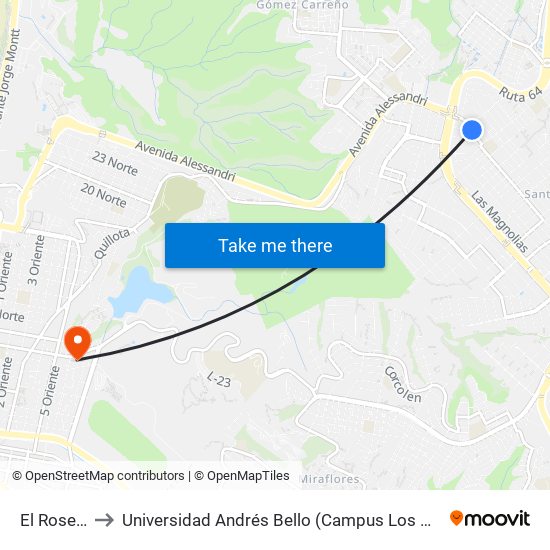 El Rosedal to Universidad Andrés Bello (Campus Los Castaños) map