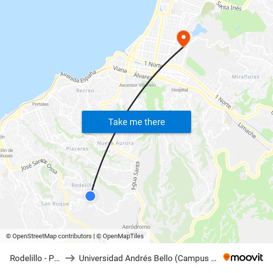 Rodelillo - Ptrohue to Universidad Andrés Bello (Campus Los Castaños) map