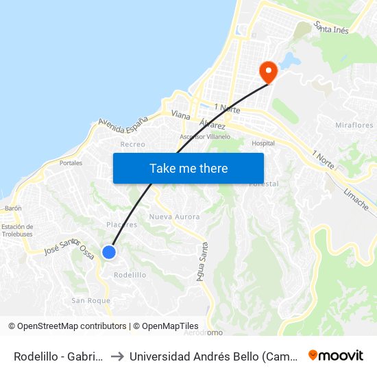 Rodelillo - Gabriela Mistral to Universidad Andrés Bello (Campus Los Castaños) map