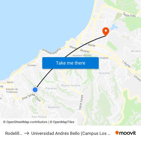 Rodelillo 4 to Universidad Andrés Bello (Campus Los Castaños) map