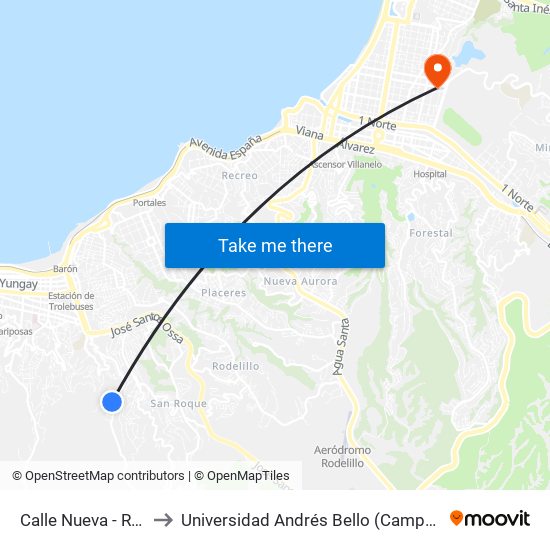 Calle Nueva - Ramaditas to Universidad Andrés Bello (Campus Los Castaños) map