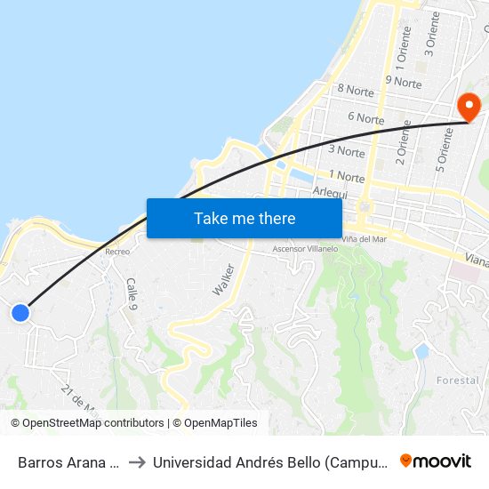 Barros Arana - Stuven to Universidad Andrés Bello (Campus Los Castaños) map