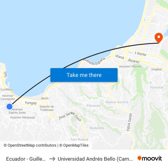 Ecuador - Guillermo Rivera to Universidad Andrés Bello (Campus Los Castaños) map