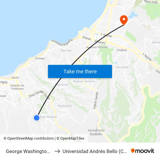 George Washington - Las Camelias to Universidad Andrés Bello (Campus Los Castaños) map