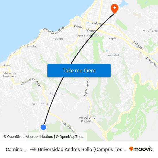 Camino Real to Universidad Andrés Bello (Campus Los Castaños) map