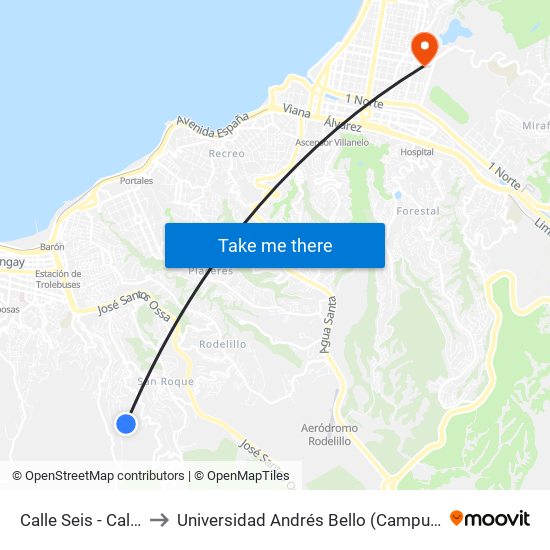 Calle Seis - Calle Nueve to Universidad Andrés Bello (Campus Los Castaños) map