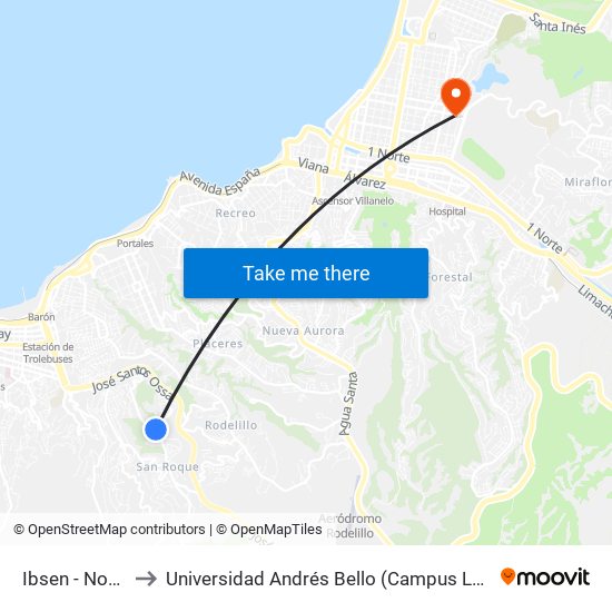 Ibsen - Noruega to Universidad Andrés Bello (Campus Los Castaños) map